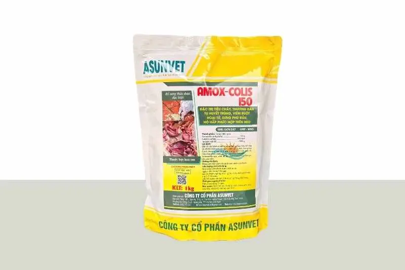 Amox Colis 150 Asunvet bột hòa tan đặc trị tiêu chảy thương hàn tụ huyết trùng viêm ruột hoại tử cho heo 1kg
